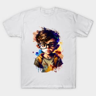 Cartoon little boy with glasses color T-Shirt